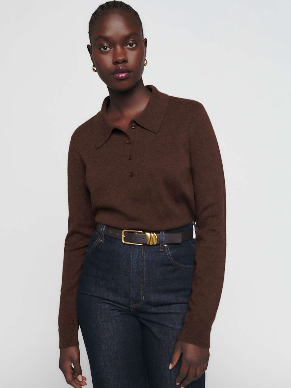 REFORMATION Berri Recycled Cashmere Cropped Polo Sweater in Dark Brown